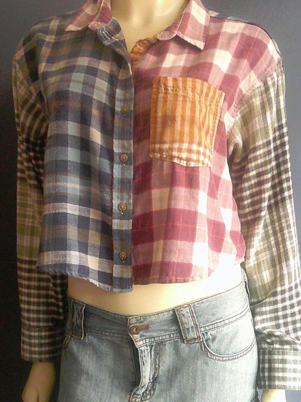 American Eagle Plaid Flannel Patchwork Cotton Blend Cropped Shirt Top Sm